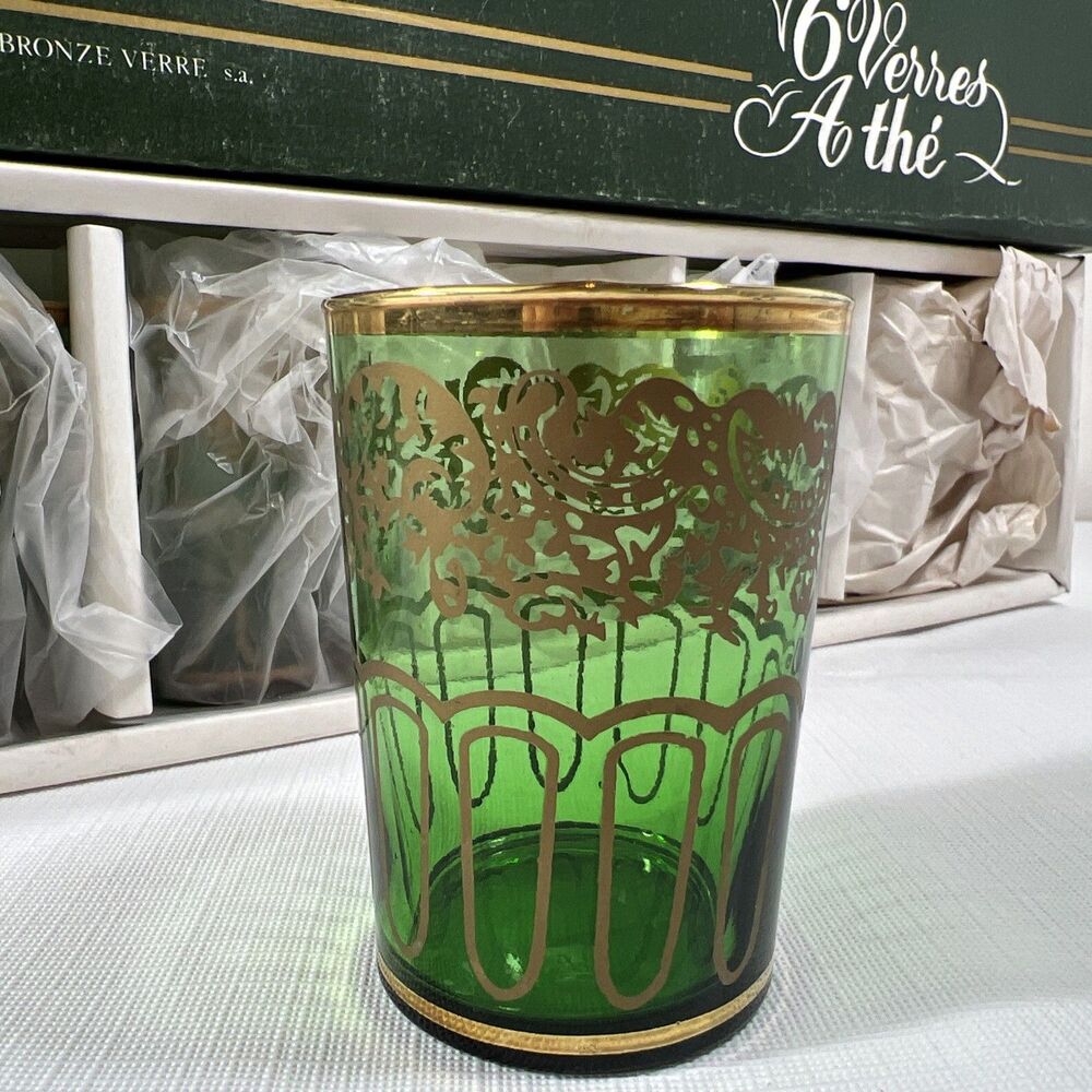 Vintage - 6 Emerald Green Moroccan Tea Glass Set • Gold Filigree - NEW - Picture 3 of 7